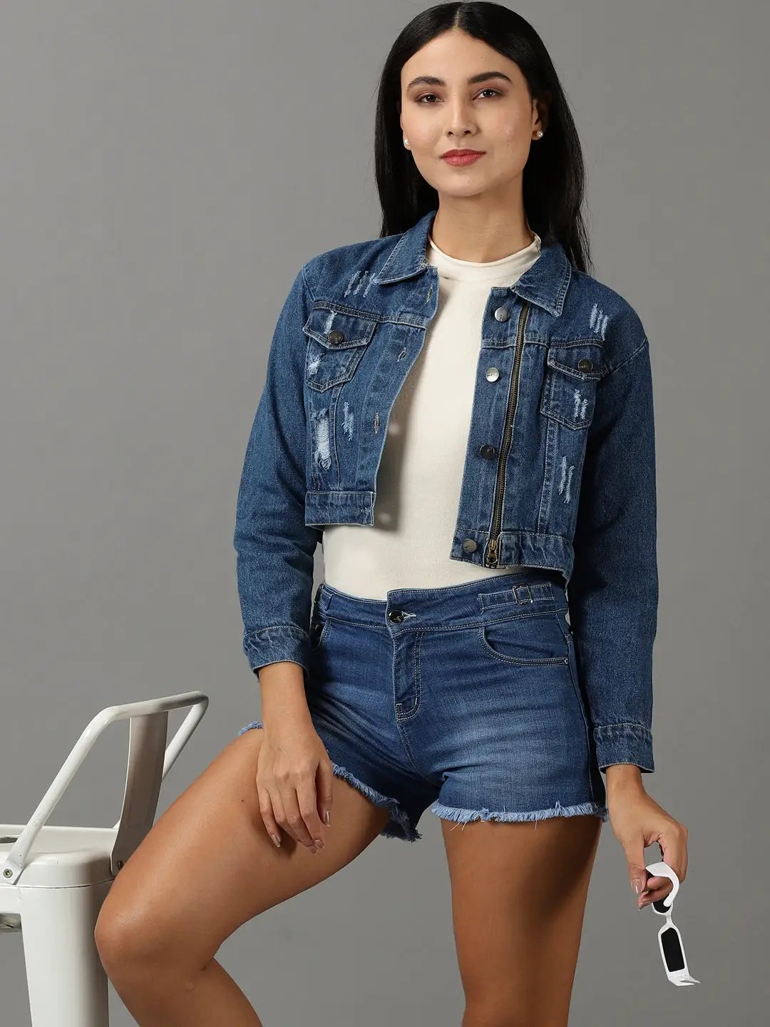 Women's Navy Blue Washed Crop Denim Jacket With Distressed