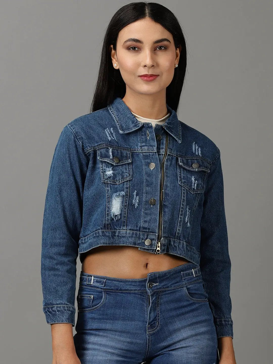 Women's Navy Blue Washed Crop Denim Jacket With Distressed