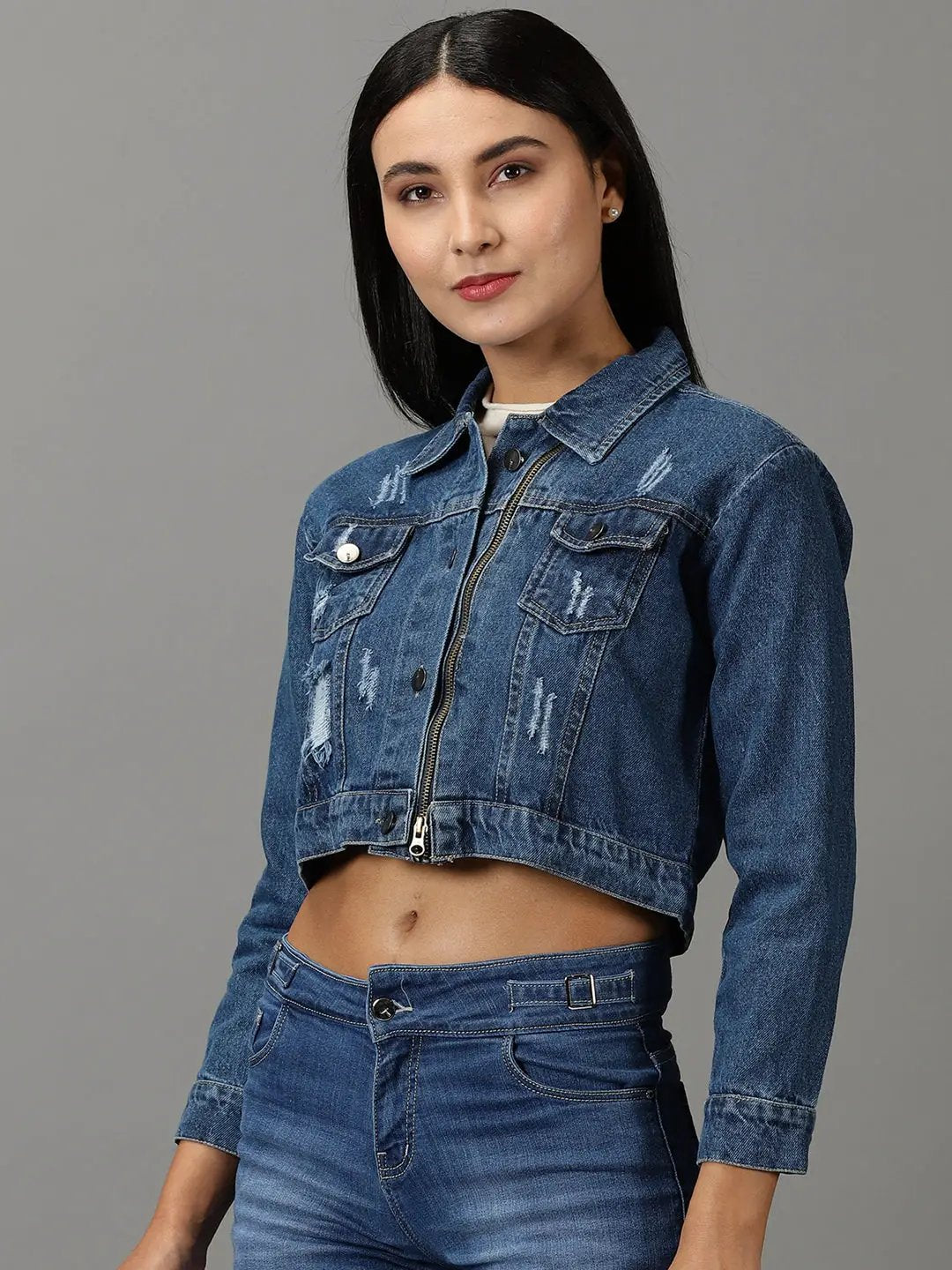 Women's Navy Blue Washed Crop Denim Jacket With Distressed