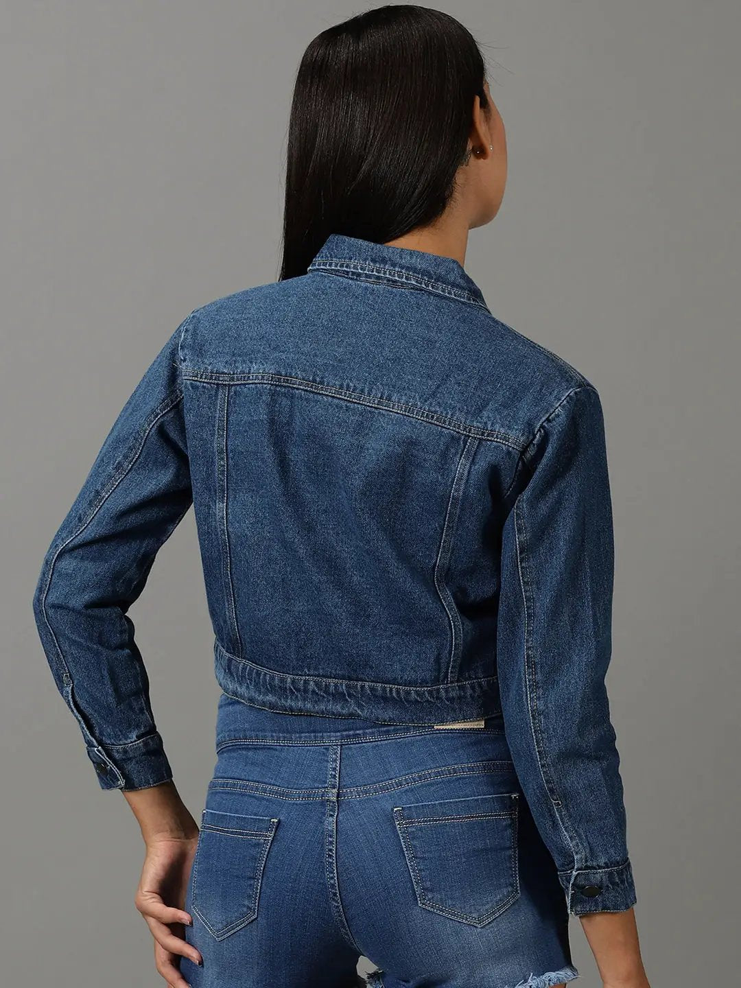 Women's Navy Blue Washed Crop Denim Jacket With Distressed