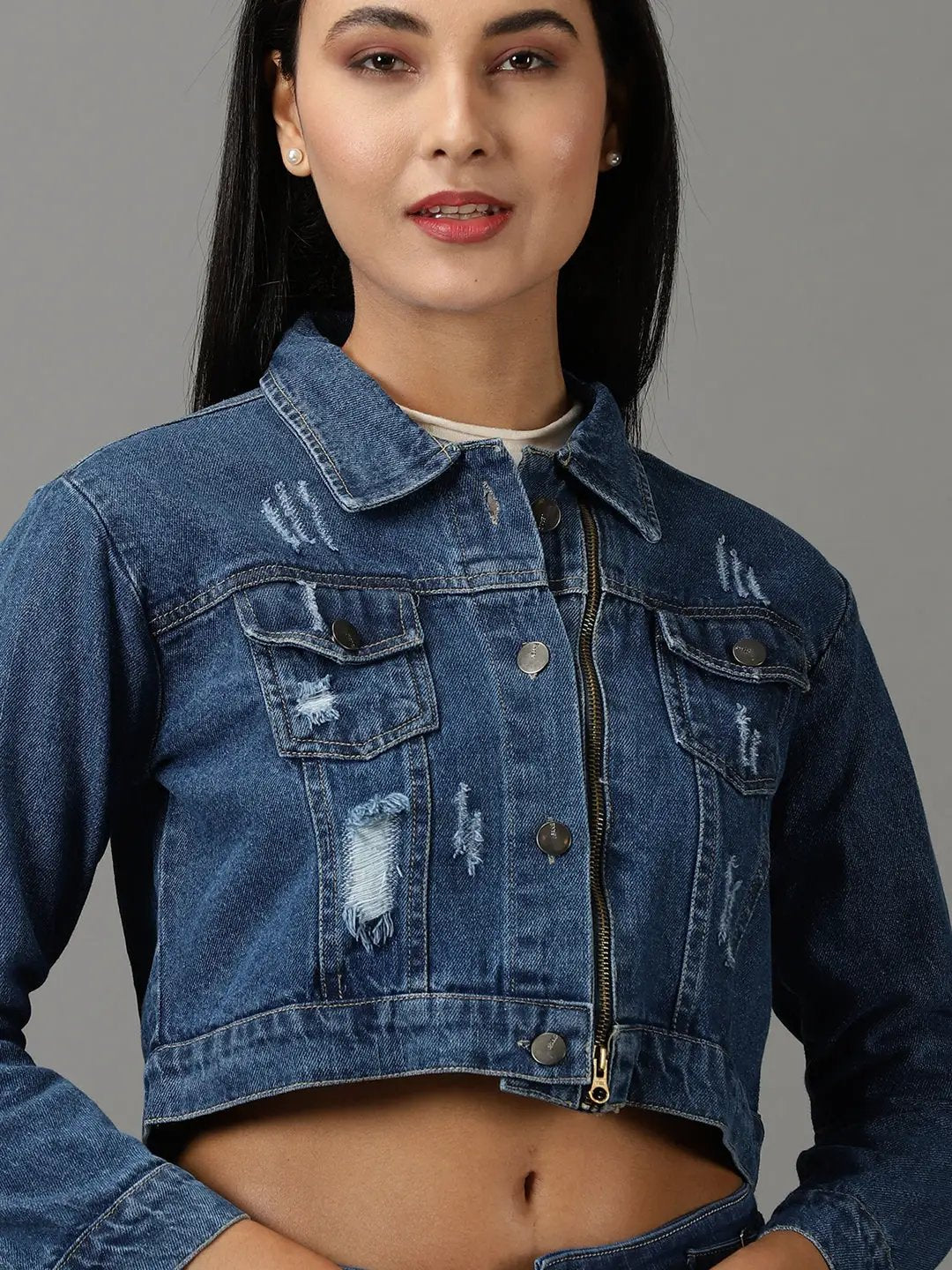 Women's Navy Blue Washed Crop Denim Jacket With Distressed