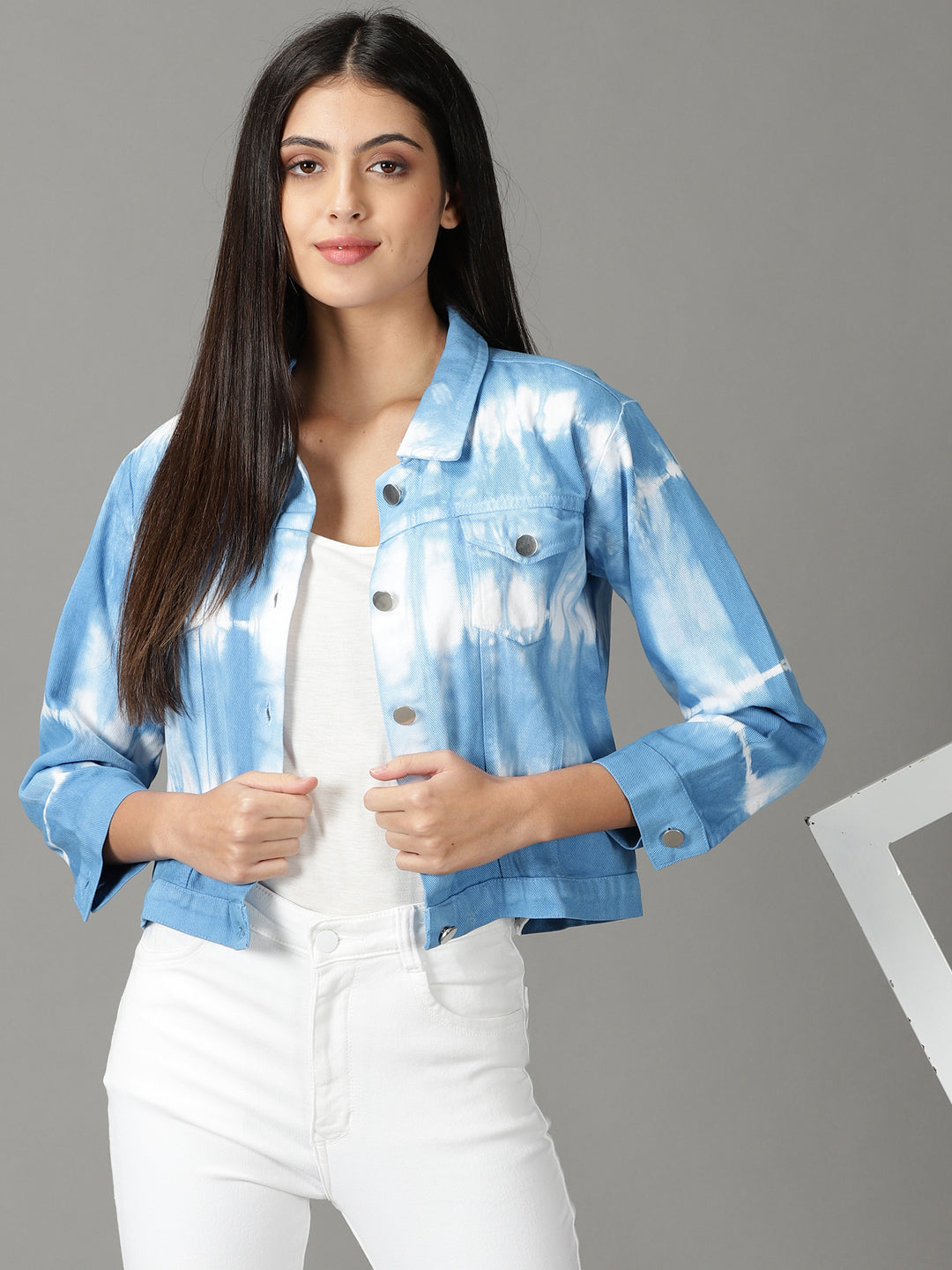 Women's Blue Printed Open Front Jacket