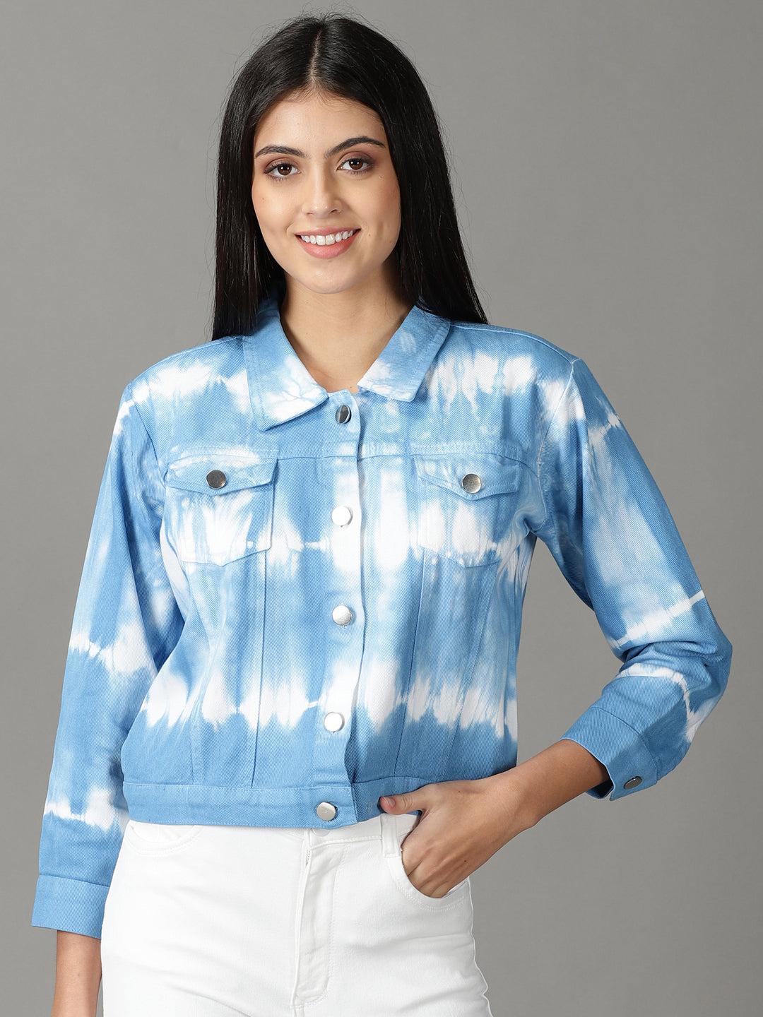 Women's Blue Printed Open Front Jacket