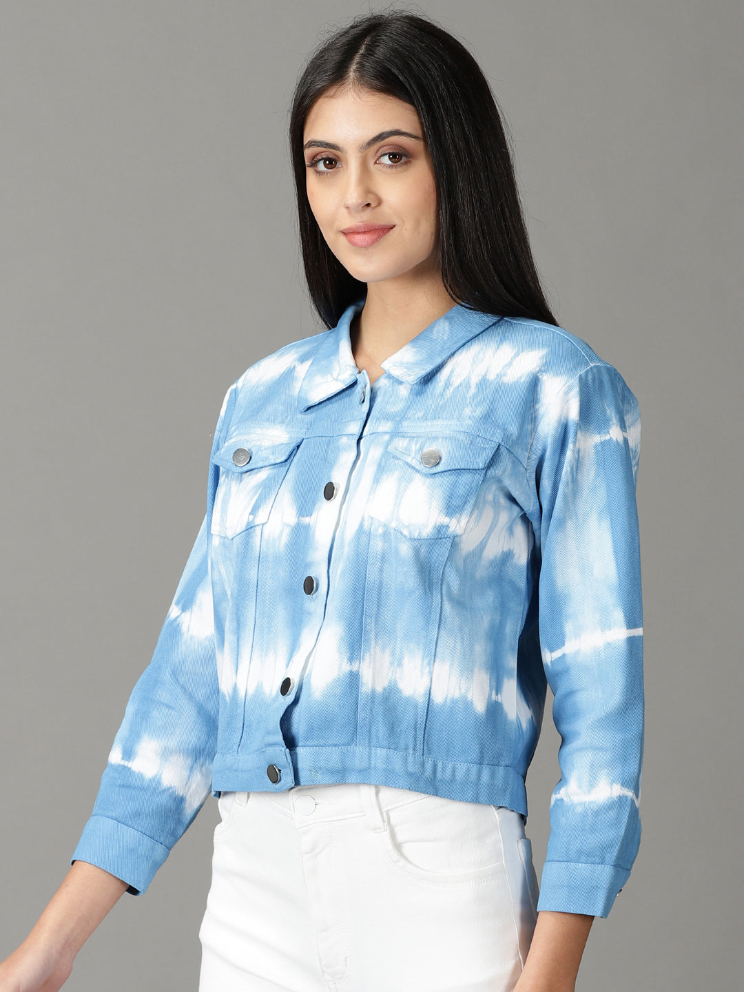 Women's Blue Printed Open Front Jacket