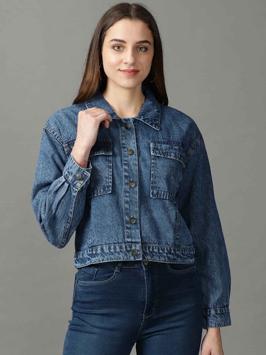 Women's Blue Solid Open Front Jacket