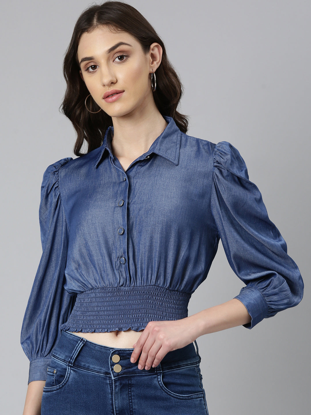 Women Navy Blue Solid Shirt StyleCrop Top