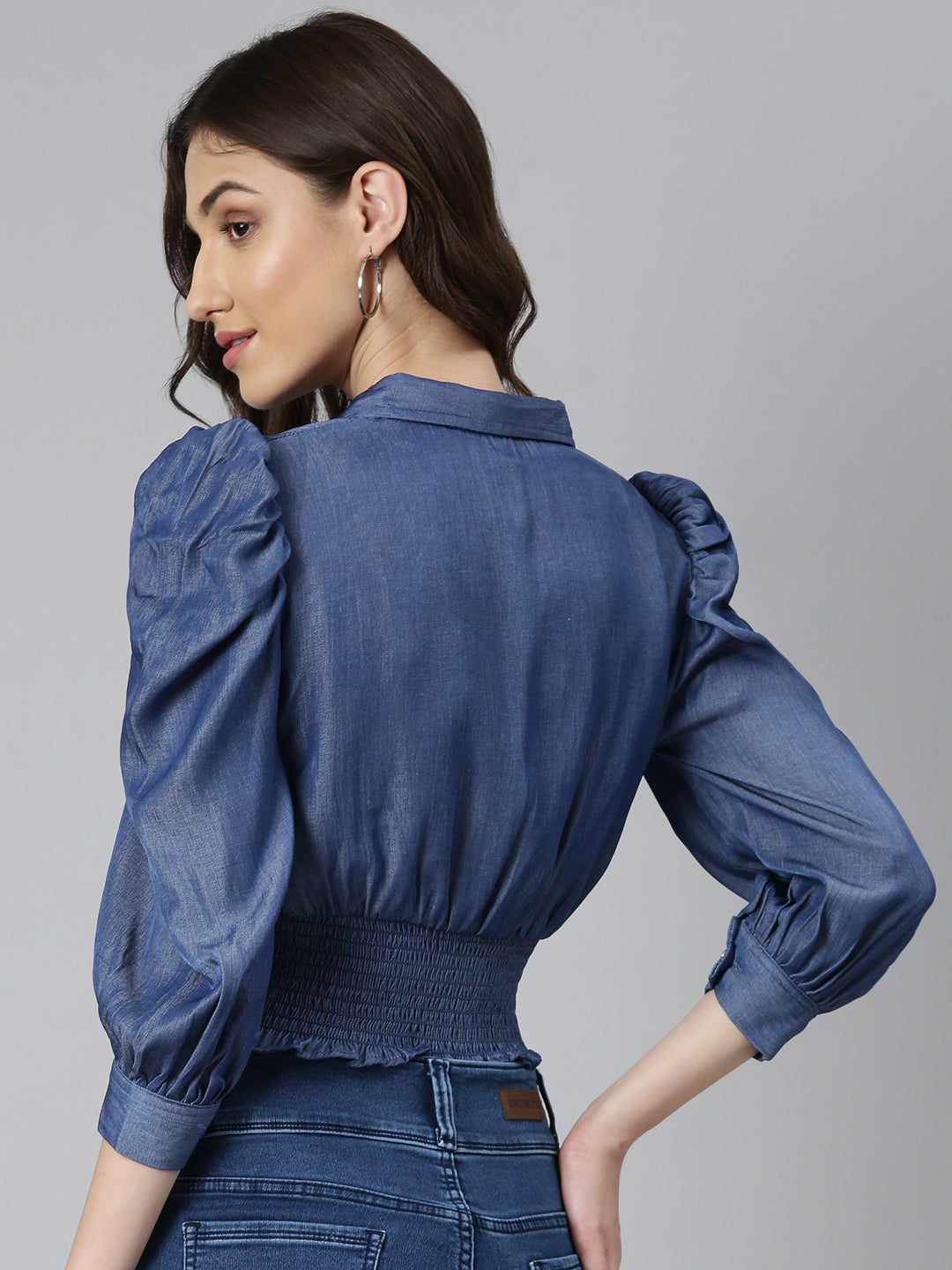 Women Navy Blue Solid Shirt StyleCrop Top