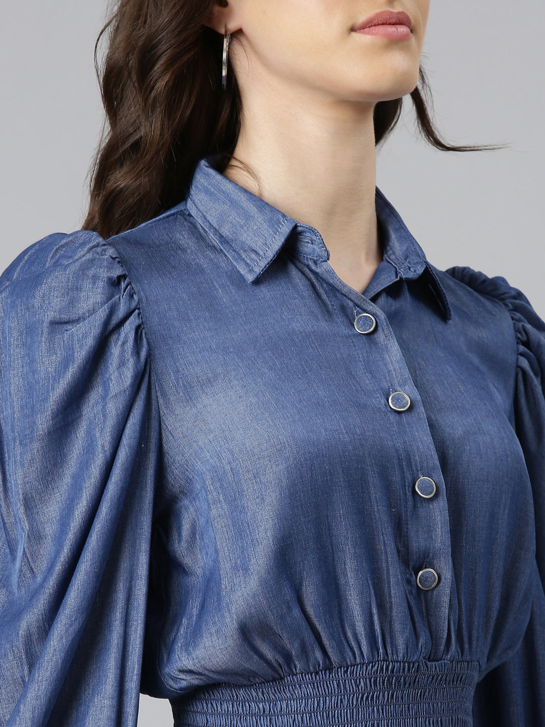 Women Navy Blue Solid Shirt StyleCrop Top