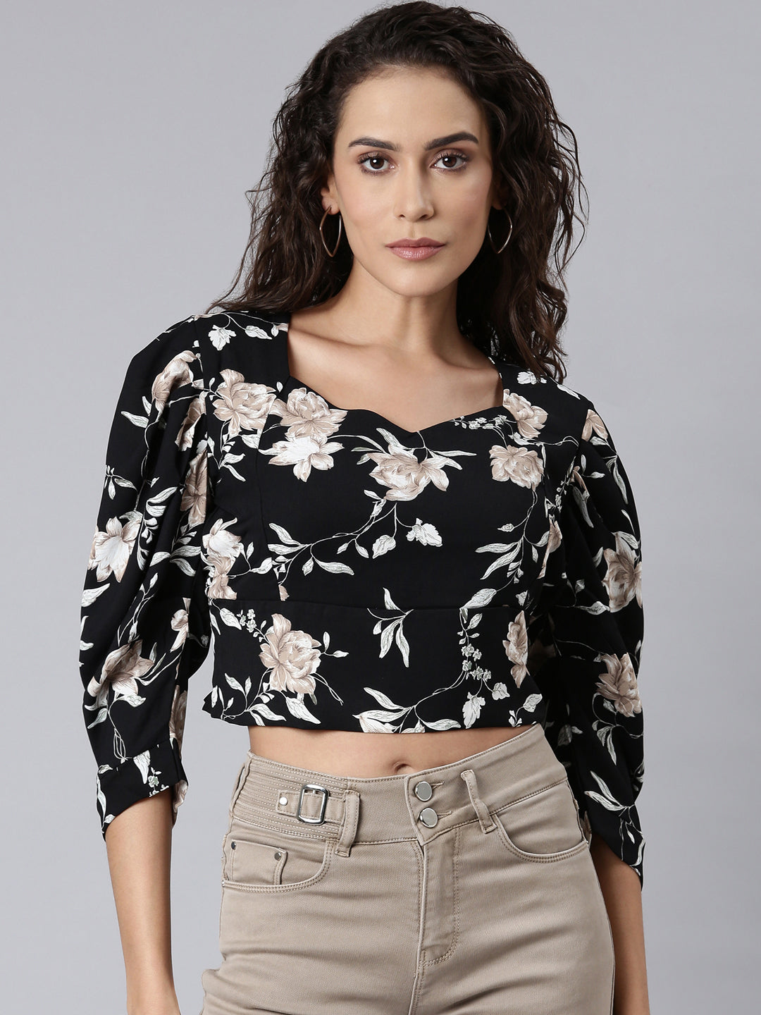 Women's Black Floral Print Sweetheart Neck Puff Sleeve Blouson Crop Top
