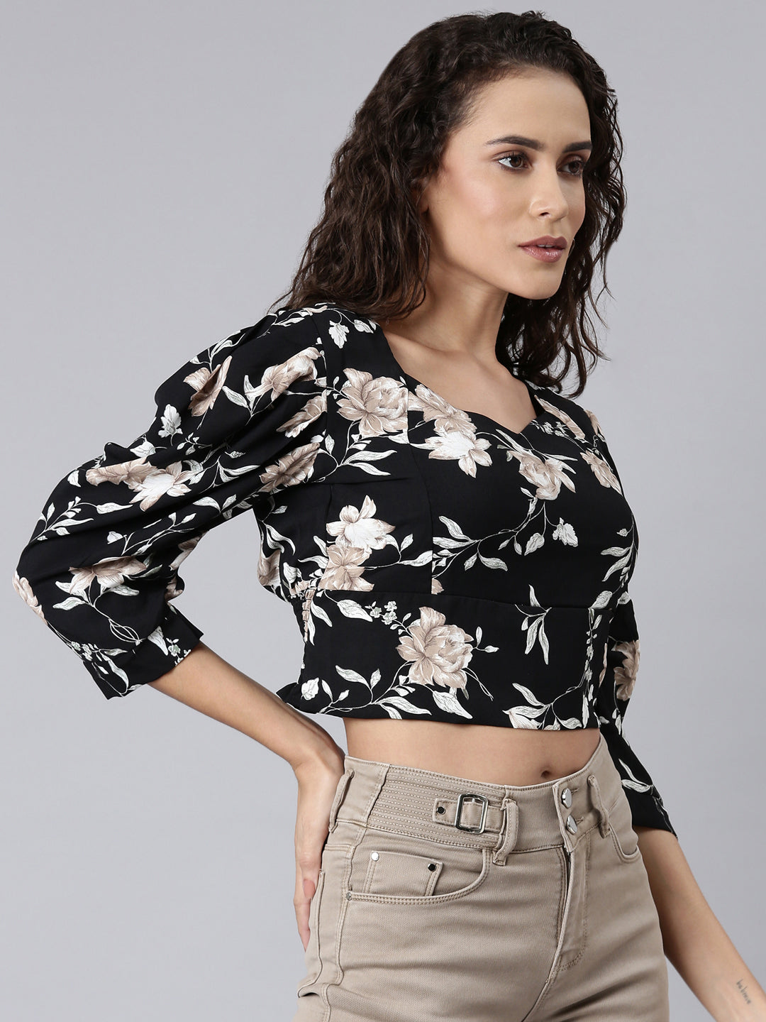 Women Black Floral Cinched WaistCrop Top