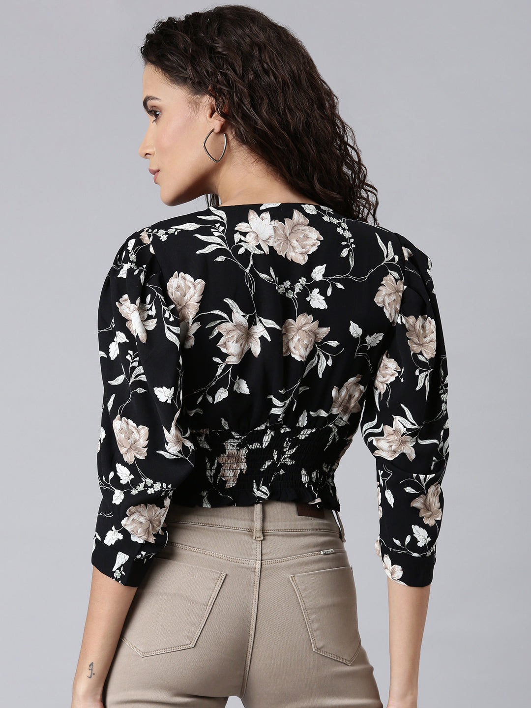 Women Black Floral Cinched WaistCrop Top