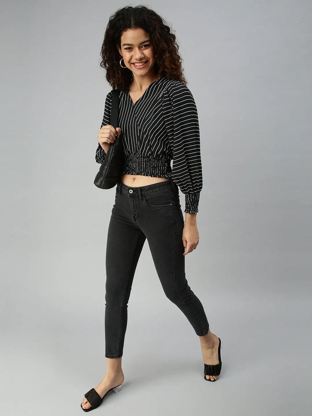 Women's Black Striped Crop Corset Top