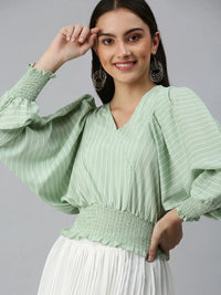 Women's Green Striped Crepe Blouson Top