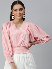 Women's Peach Striped Crepe Blouson Top
