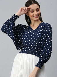 Women's Navy Blue Printed Smocked Crepe Wrap Crop Top