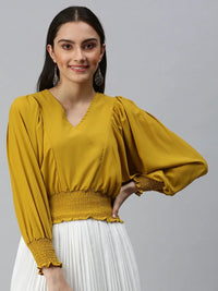 Women's Mustard Smocked Crepe Blouson Top