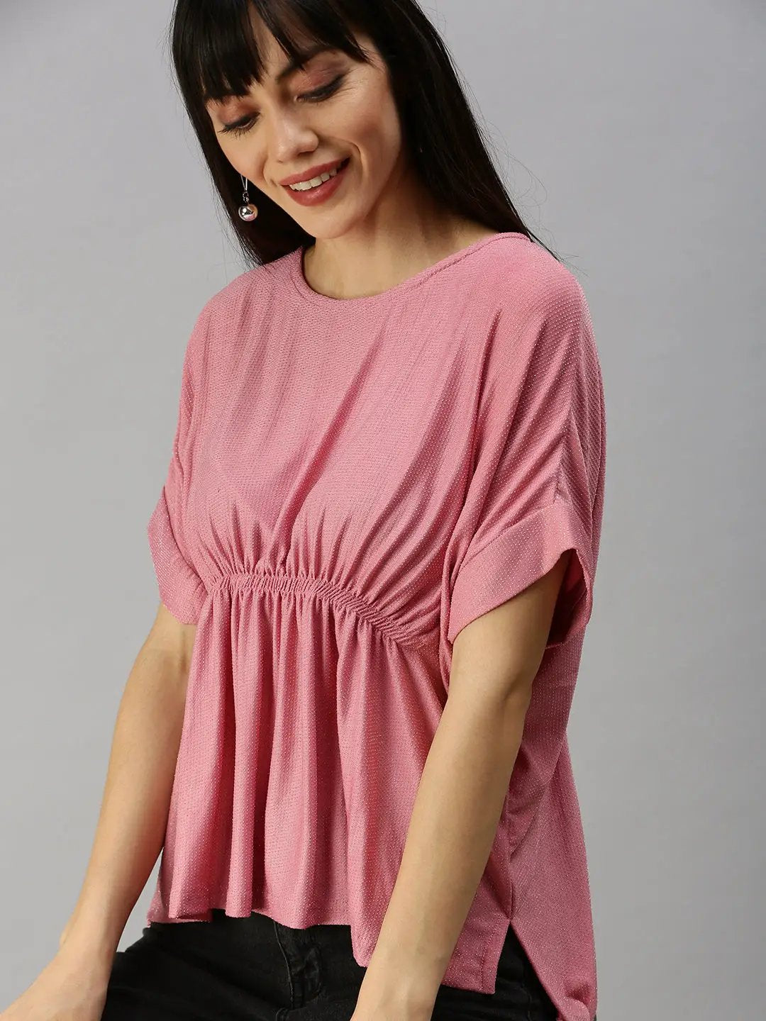 Women's Pink Solid Extended Sleeves Cinched Waist Top