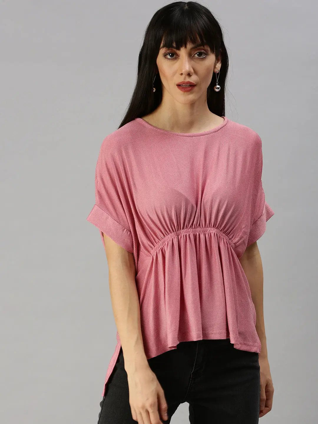 Women's Pink Solid Extended Sleeves Cinched Waist Top