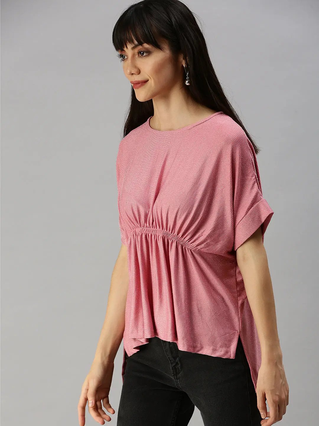 Women's Pink Solid Extended Sleeves Cinched Waist Top