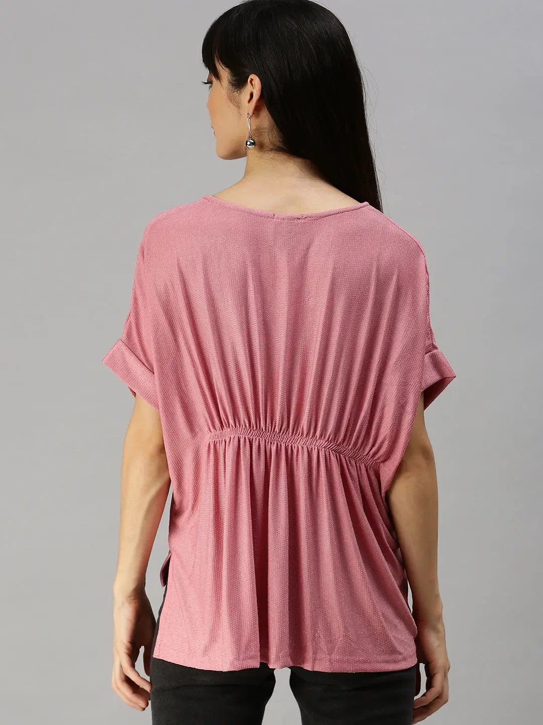 Women's Pink Solid Extended Sleeves Cinched Waist Top