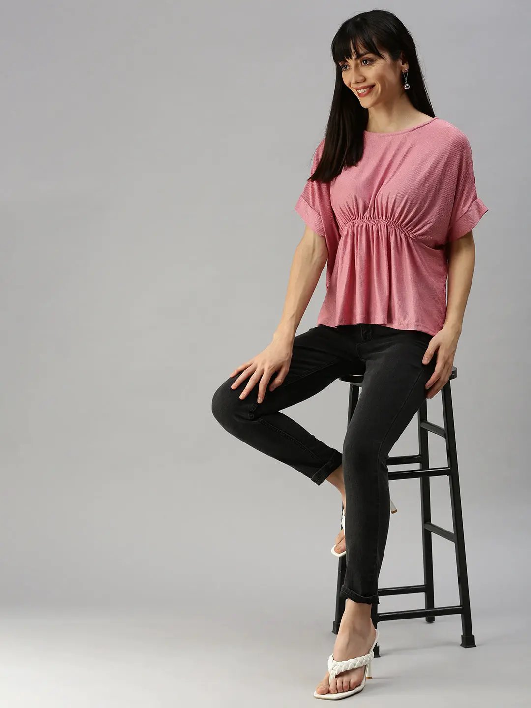 Women's Pink Solid Extended Sleeves Cinched Waist Top