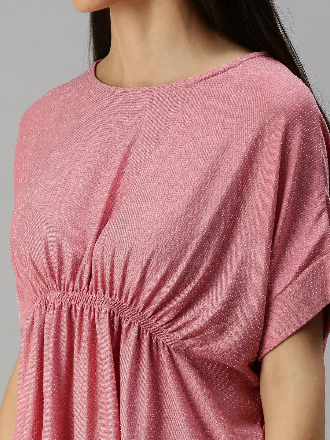 Women's Pink Solid Extended Sleeves Cinched Waist Top