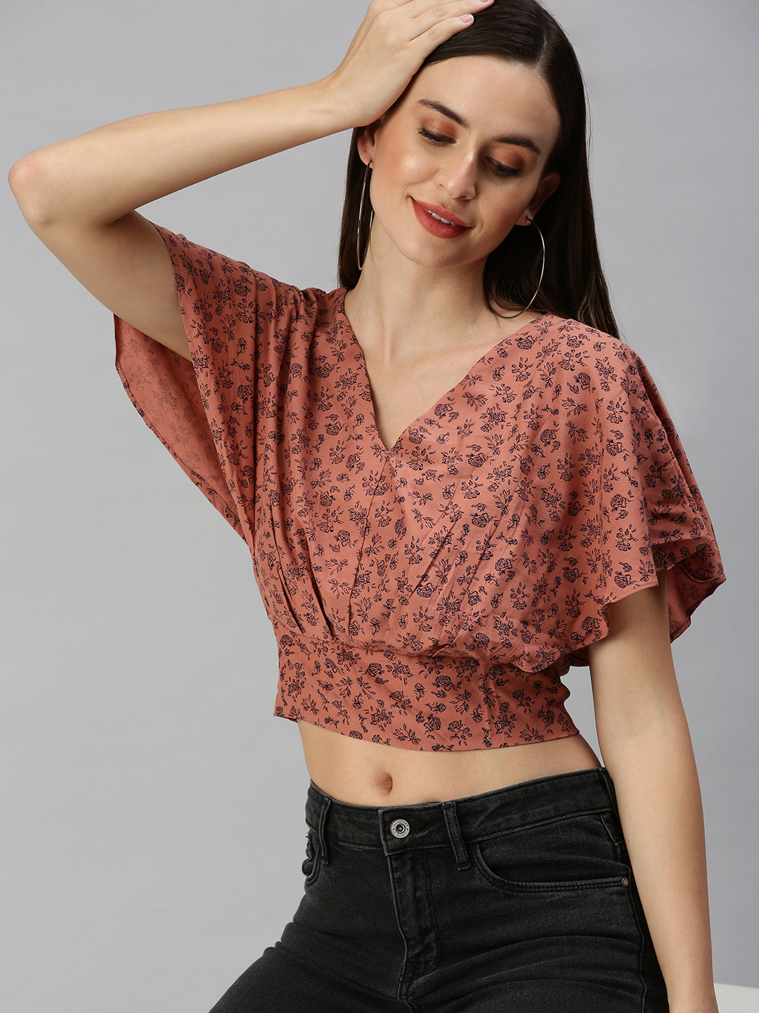 Women's Brown Floral Print Crepe Blouson Crop Top