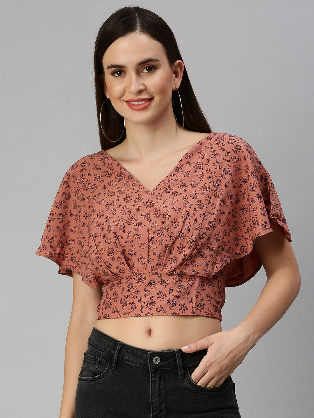 Women's Brown Floral Print Crepe Blouson Crop Top
