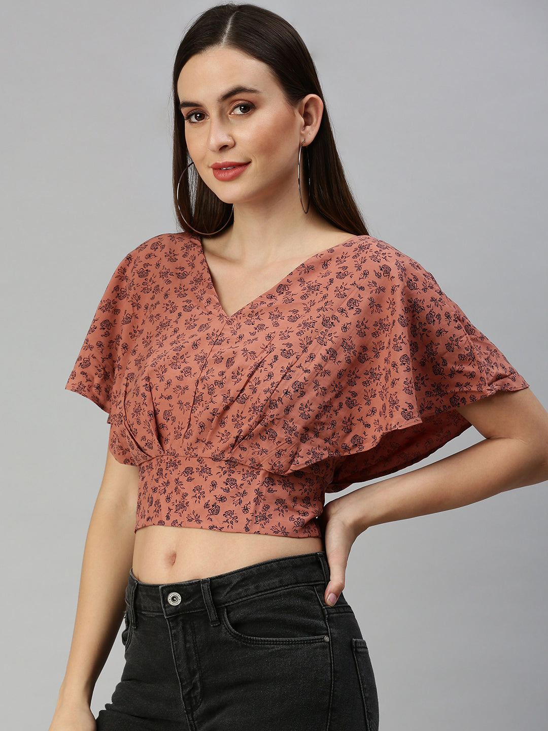Women's Brown Floral Print Crepe Blouson Crop Top