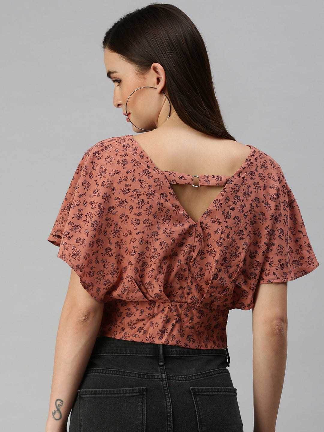 Women's Brown Floral Print Crepe Blouson Crop Top