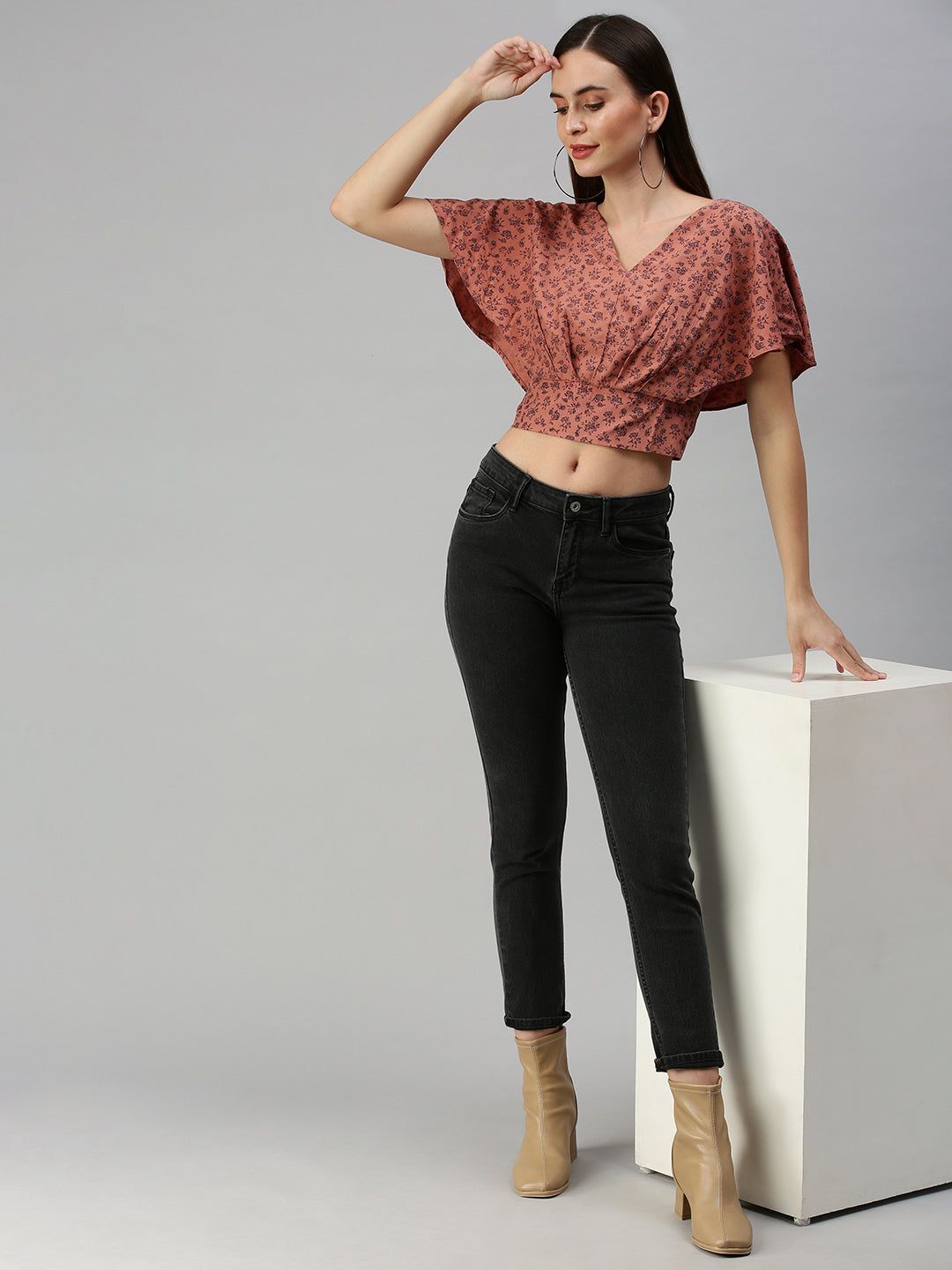 Women's Brown Floral Print Crepe Blouson Crop Top