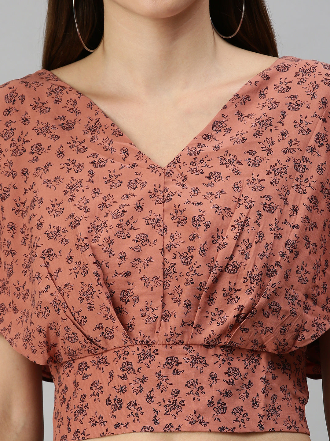 Women's Brown Floral Print Crepe Blouson Crop Top