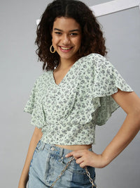 Women's Green Floral Print Crepe Bardot Top