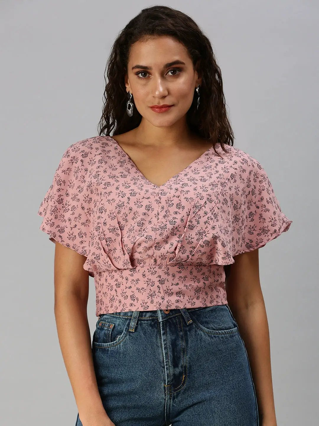 Women's Mauve Floral Print Crepe Crop Top
