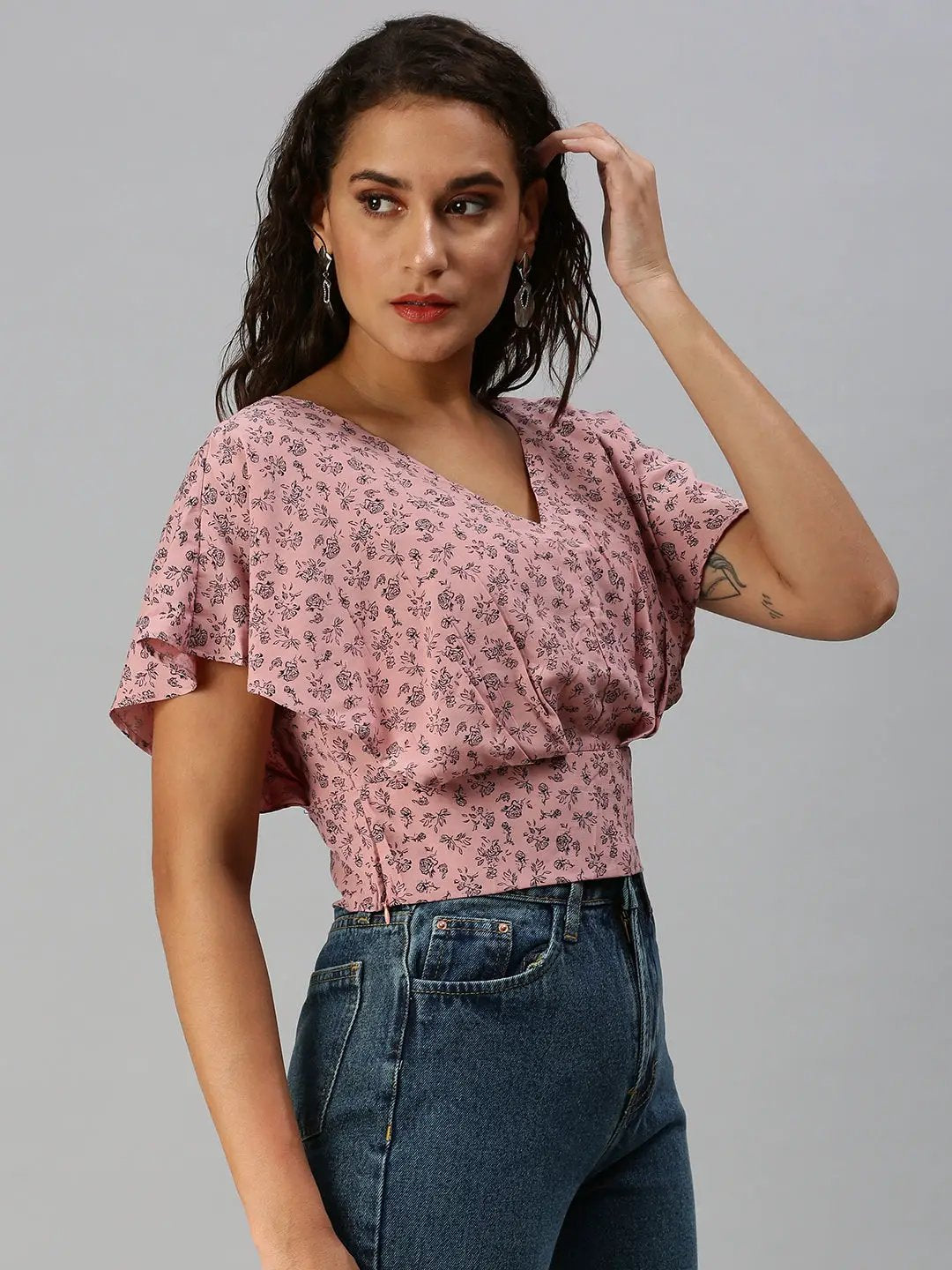 Women's Mauve Floral Print Crepe Crop Top