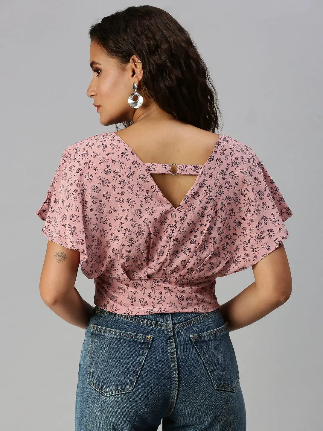 Women's Mauve Floral Print Crepe Crop Top