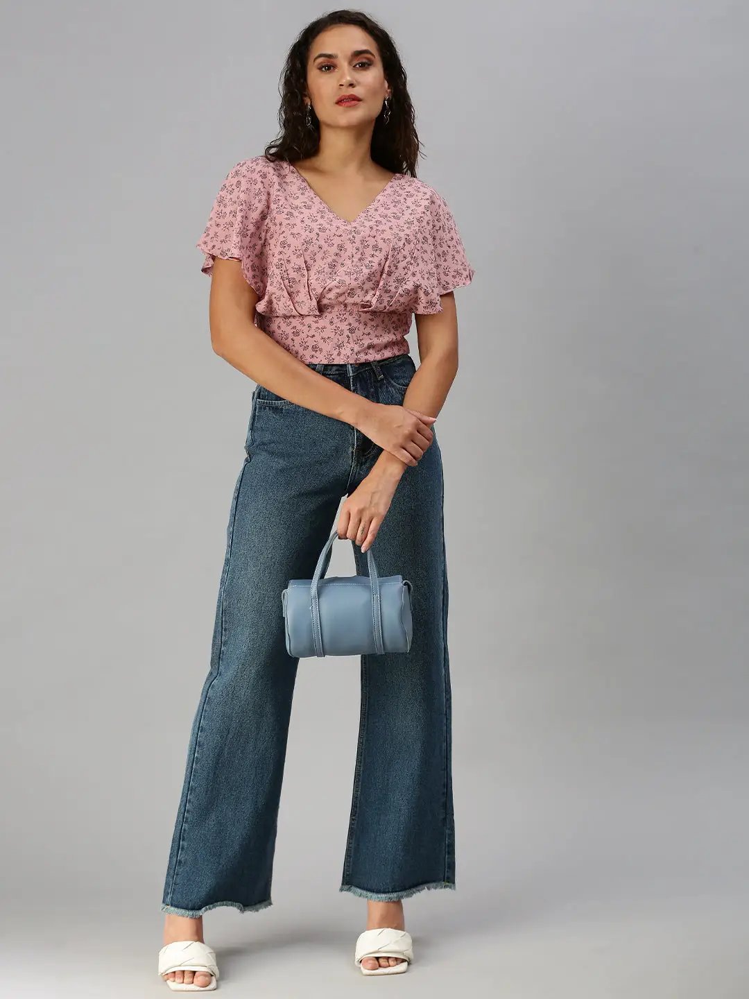 Women's Mauve Floral Print Crepe Crop Top
