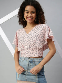 Women's Peach Floral Print Crepe Wrap Crop Top
