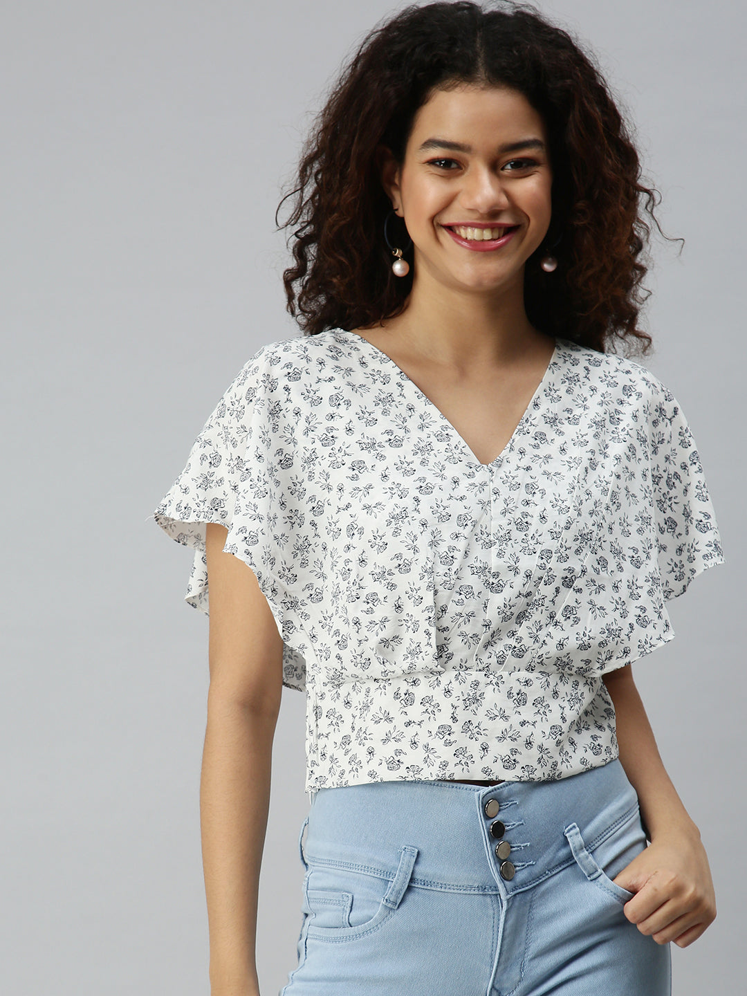 Women White Printed Crop Styled Back Top