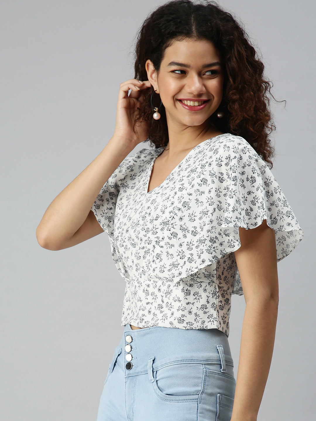 Women White Printed Crop Styled Back Top