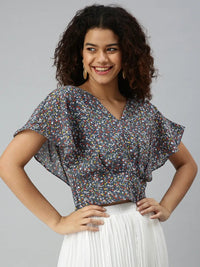 Women's Blue Floral Printed Georgette Styled Back Crop Top