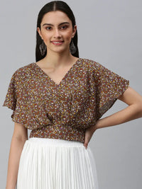 Women's Brown Floral Print Georgette Top