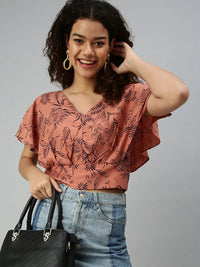 Women's Brown Tropical Print V-Neck Tropical Crepe Top
