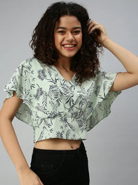 Women's Green Printed Crepe Wrap Crop Top