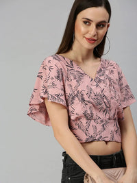 Women's Mauve Tropical Printed Crepe Wrap Crop Top
