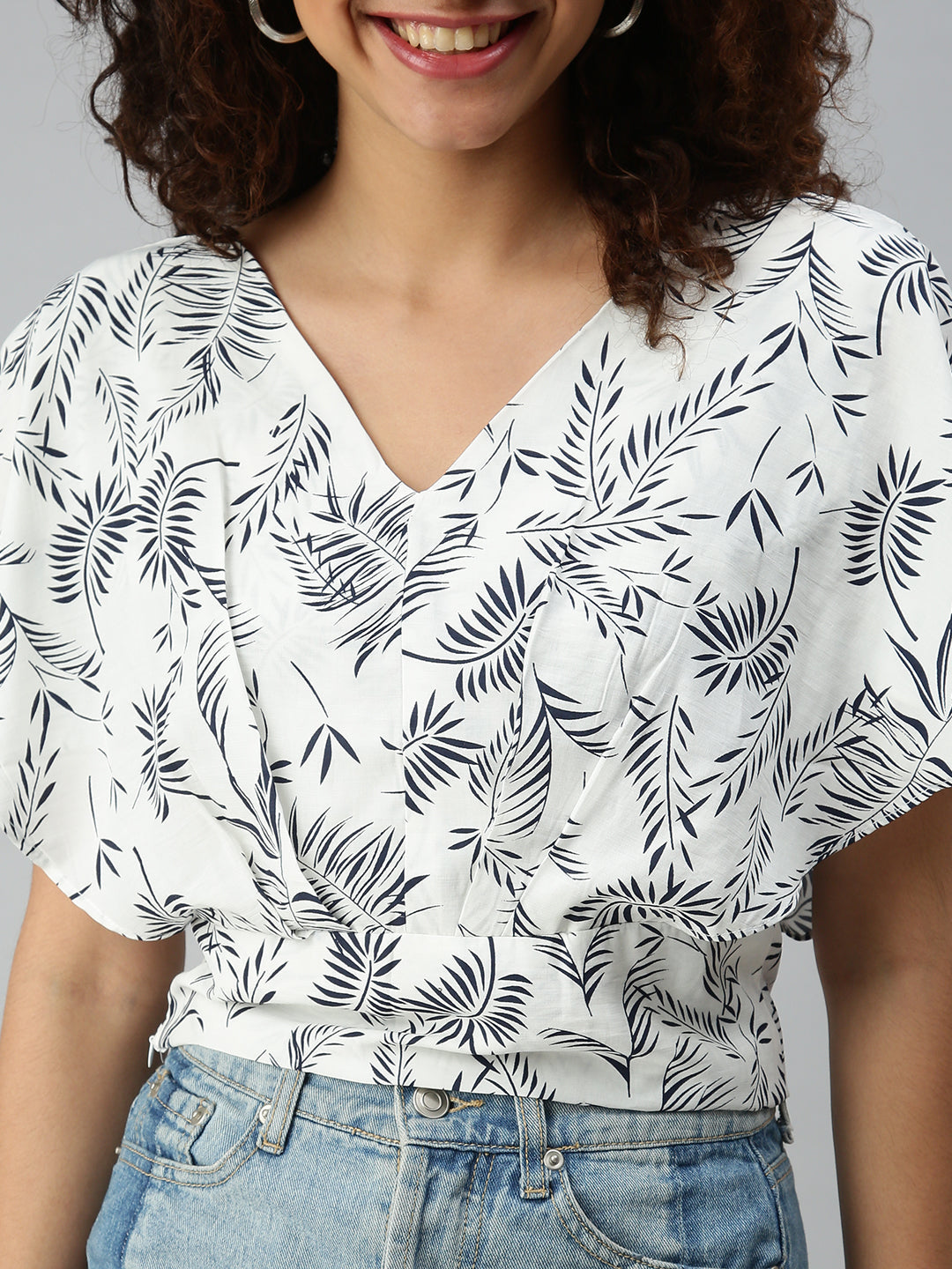 Women White Printed Crop Styled Back Top