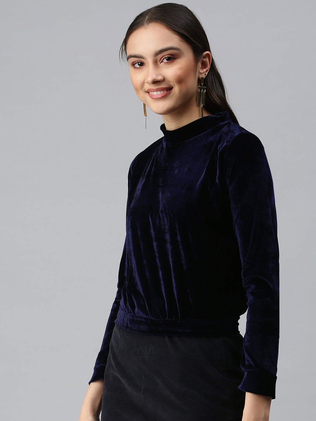Women's Navy Blue High Neck Satin Top