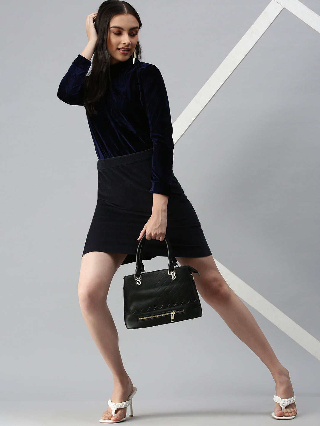 Women's Navy Blue High Neck Satin Top