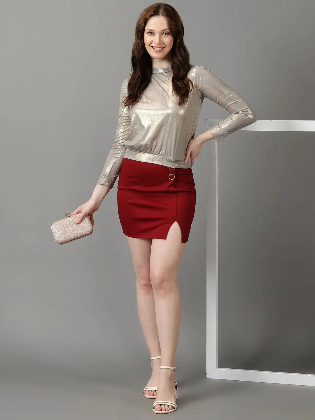 Women's Metallic Solid Cinched Waist Top