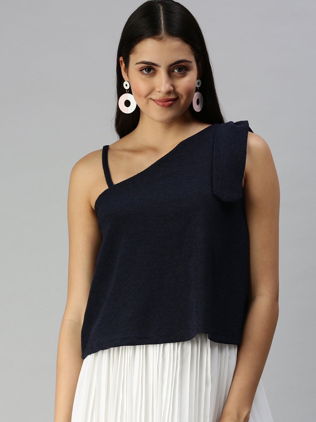 Women Navy Blue Solid Boxy Top